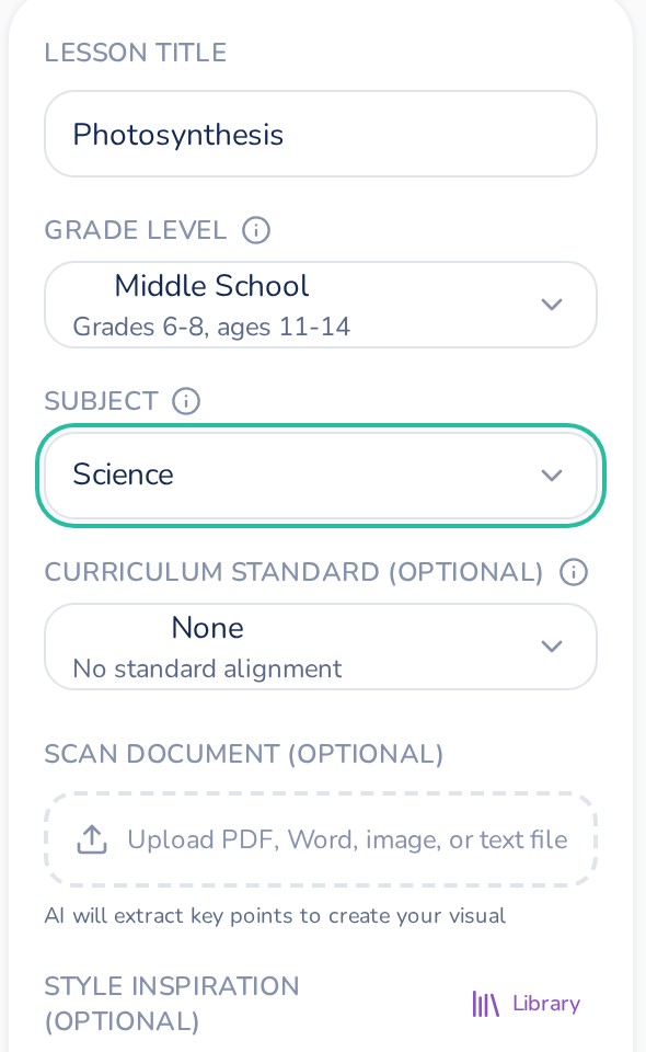 Lesson title, grade, and subject fields